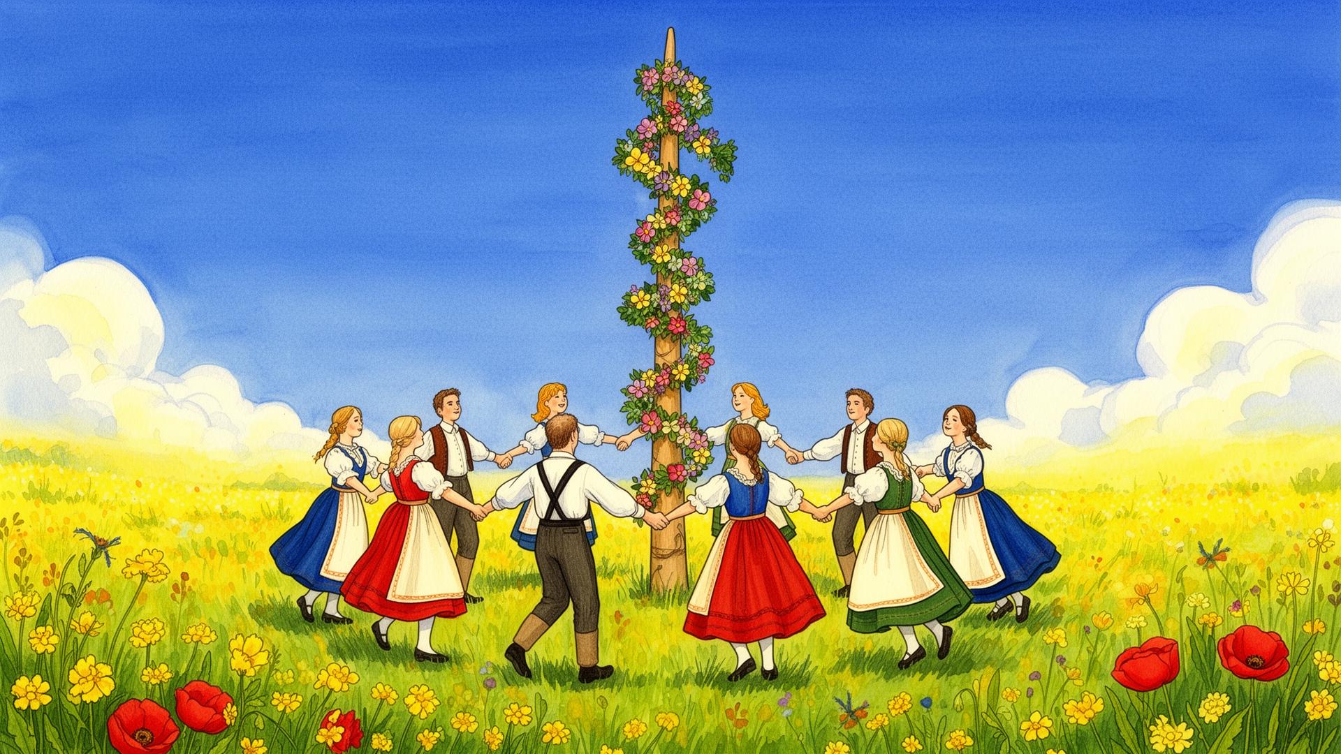 Folkdräktsklädda dansar runt en majstång på en blomsteräng.